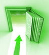green frame with open book and arrow