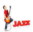 Boy plays on electric guitar with 3d text