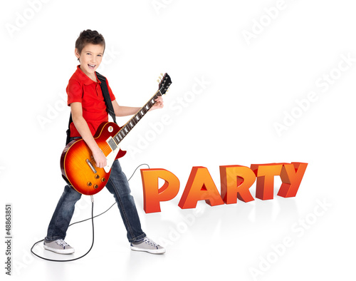 Photo: Boy plays on electric guitar with 3d text Boy plays on electric guitar with 3d text