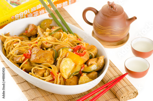 Photo: Stir-fried noodles with chicken and vegetables served in a bowl, Stir-fried noodles with chicken and vegetables served in a bowl,