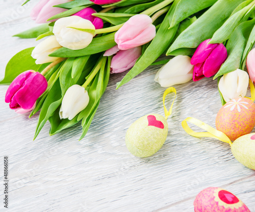 Photo: Spring tulips and Easter eggs Spring tulips and Easter eggs