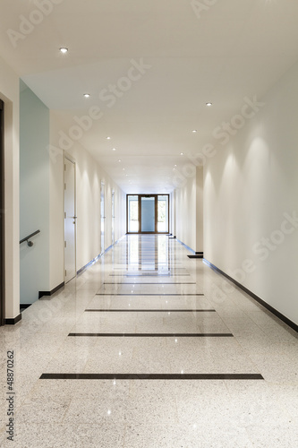 Photo: modern architecture, interior, long corridor modern architecture, interior, long corridor