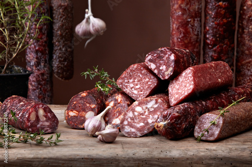 Photo: various salami sausages various salami sausages