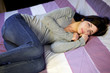 Sad lonely beautiful woman in bed with family problem