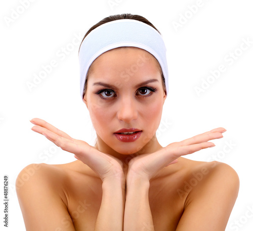 Photo: Young woman in gray headband, isolated on white Young woman in gray headband, isolated on white