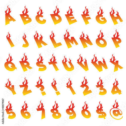 Vector: Fire Alphabet and Numbers Fire Alphabet and Numbers