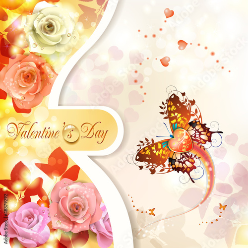 Vector: Valentine's day card with roses and butterflies Valentine's day card with roses and butterflies
