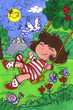 Little girl on a swing in springtime. Hand made illustration.