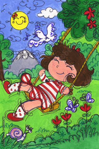Illustration: Little girl on a swing in springtime. Hand made illustration. Little girl on a swing in springtime. Hand made illustration.