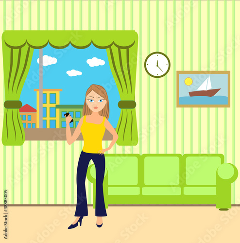Illustration: girl with a phone in a room girl with a phone in a room