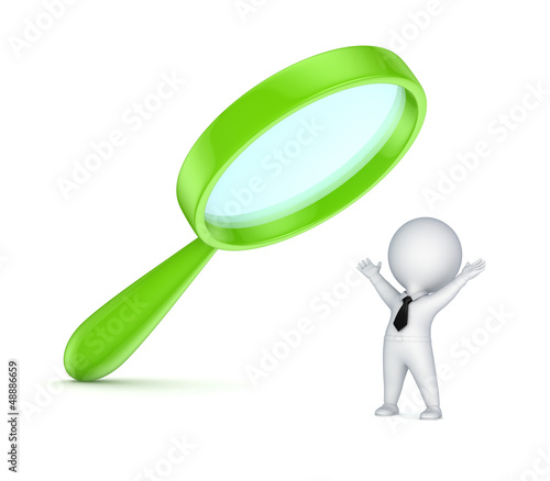Illustration: Happy 3d small person under a loupe. Happy 3d small person under a loupe.