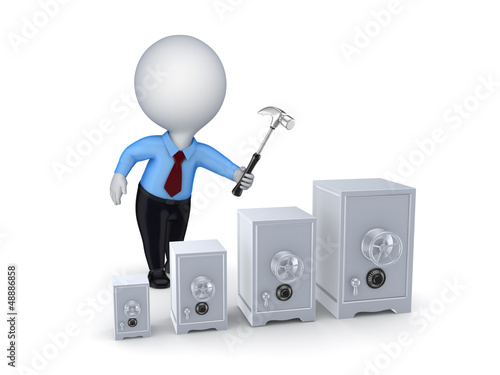Illustration: Small person and iron safes. Small person and iron safes.