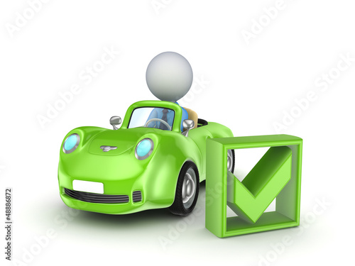 Illustration: Small car and green tick mark. Small car and green tick mark.