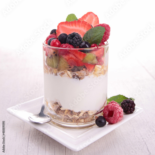 Photo: yoghurt, cereals and fruits yoghurt, cereals and fruits