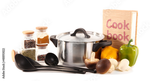 Photo: composition of kitchen tools,spices and vegetables isolated composition of kitchen tools,spices and vegetables isolated