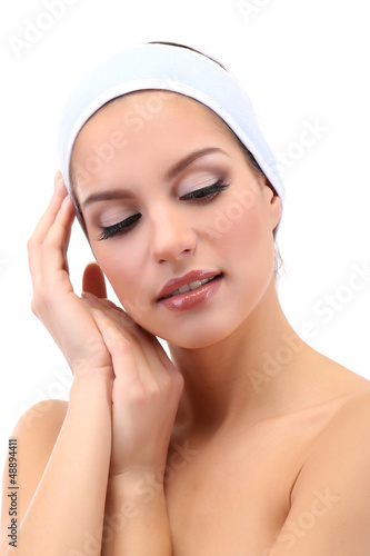 Photo: Young woman in gray headband, isolated on white Young woman in gray headband, isolated on white