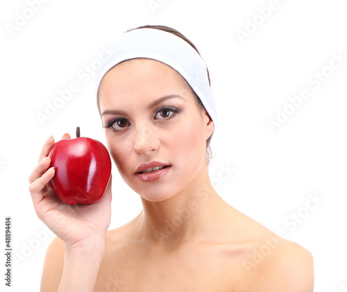 Photo: Young woman with fruit.Concept: Facial fruit masks. Isolated Young woman with fruit.Concept: Facial fruit masks. Isolated