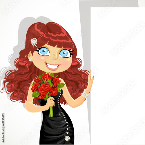 Vector: Beautiful girl with bouquet of red roses holds a banner Beautiful girl with bouquet of red roses holds a banner