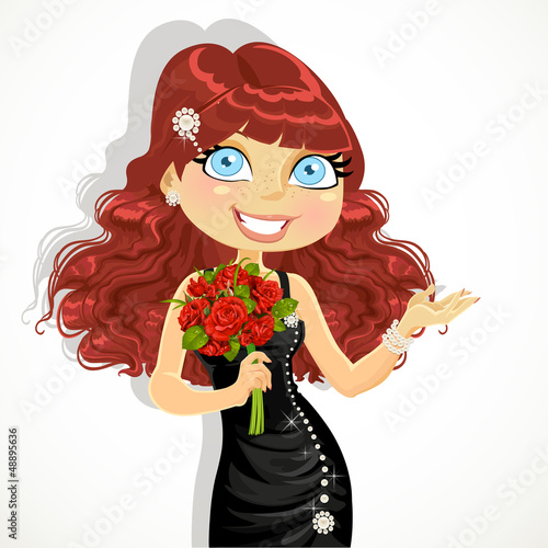 Vector: Beautiful girl with bouquet of red roses Beautiful girl with bouquet of red roses