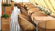 Table with chairs stand on restaurant terrace on upper floor