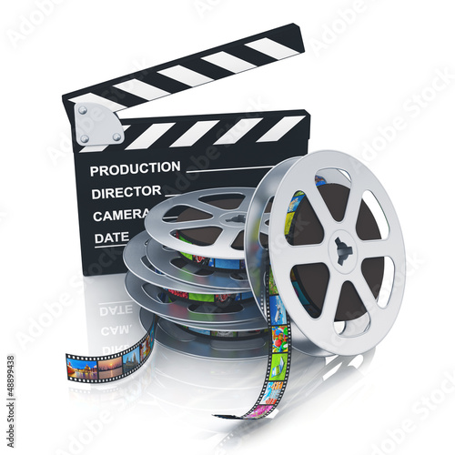 Illustration: Clapper board and reels with filmstrips Clapper board and reels with filmstrips