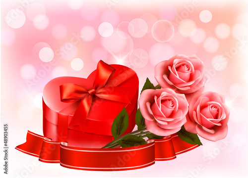 Vector: Valentine`s day background. Three red roses with red heart-shape Valentine`s day background. Three red roses with red heart-shape