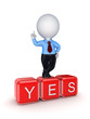 Illustration: Small person standing on word YES. Small person standing on word YES.