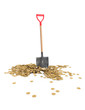 Showel with gold coins on white background