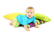 Little boy and color pillows, isolated on white