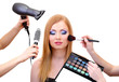 Beautiful young woman and hands with eyes shadows, brush and