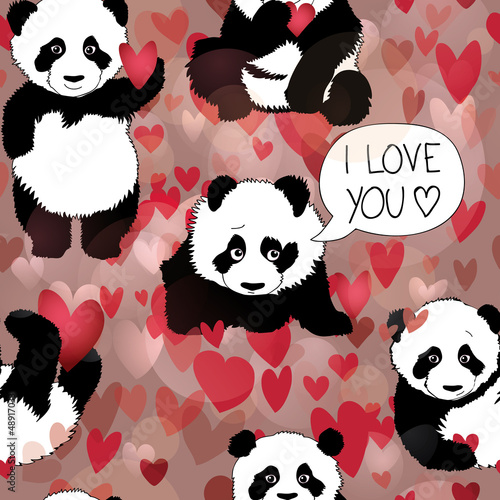 Vector: Cute Panda falls in love / Romantic seamless wallpaper Cute Panda falls in love / Romantic seamless wallpaper