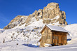Mountains view and alpine hut at Giau pass, Dolomite Alps