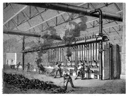 Illustration: Factory 19th century : Coal distillation Factory 19th century : Coal distillation