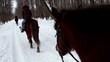 Woman ride horseback in forest at winter day