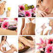 A collage of spa treatment images with women and petals