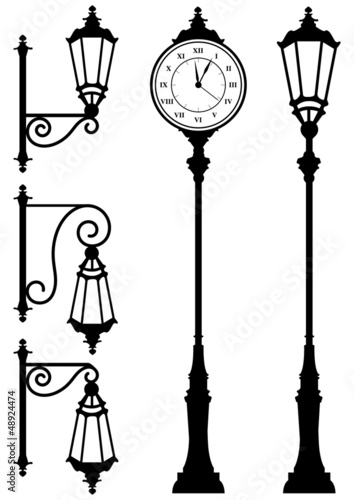 Vector: vintage lanterns and clock vintage lanterns and clock