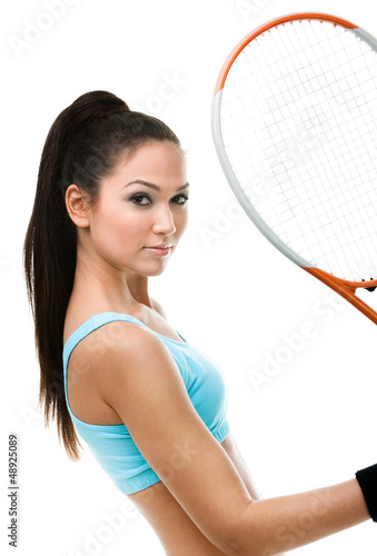 Photo: Portrait of female tennis player with racquet, isolated on white Portrait of female tennis player with racquet, isolated on white