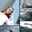 A business collage with a young woman talking on the phone