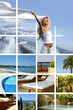 A collage of resort images with a young woman and palms