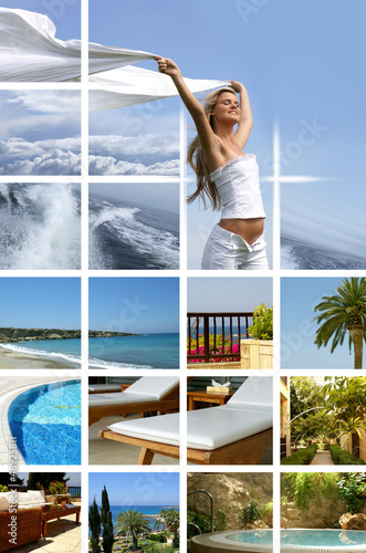 Photo: A collage of resort images with a young woman and palms A collage of resort images with a young woman and palms