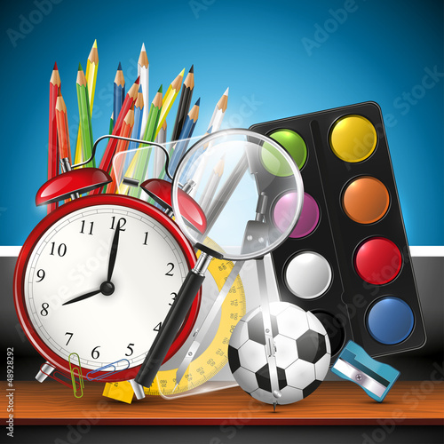 Vector: Modern school background with supplies on shelf Modern school background with supplies on shelf