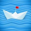Vector paper sailing boat in blue waves of paper sea
