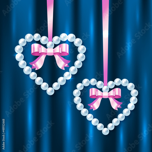 Vector: Pearl hearts with pink ribbons and bows on dark blue silk Pearl hearts with pink ribbons and bows on dark blue silk