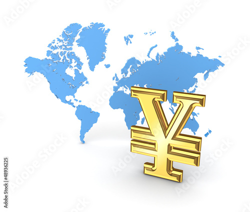 Illustration: Yen symbol and map of the world. Yen symbol and map of the world.