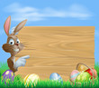 Easter bunny and Eggs with wooden sign
