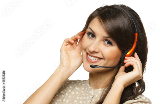 Photo: Smiling cheerful support phone operator woman in headset Smiling cheerful support phone operator woman in headset