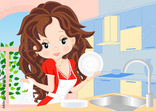 Vector: woman wipes the dishes in the kitchen woman wipes the dishes in the kitchen