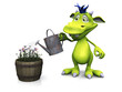 Cute cartoon monster watering flowers.