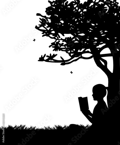 Vector: Girl reading a book under the tree in spring in park silhouette Girl reading a book under the tree in spring in park silhouette