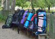 Heavy rucksacks packed outdoors